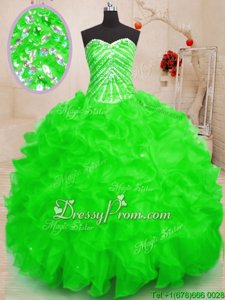 Dazzling Spring Green Sleeveless Floor Length Beading and Ruffles and Sequins Lace Up 15 Quinceanera Dress