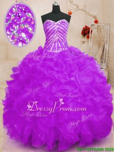 Sexy Sweetheart Sleeveless Quinceanera Dresses Floor Length Beading and Ruffles and Sequins Purple Organza