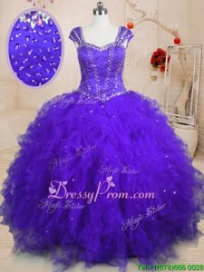 Customized Floor Length Lace Up Sweet 16 Dresses Purple and In forMilitary Ball and Sweet 16 and Quinceanera withBeading and Ruffles and Sequins