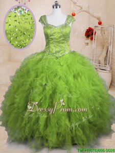 Sophisticated Yellow Green Tulle Lace Up Square Short Sleeves Floor Length 15 Quinceanera Dress Beading and Ruffles