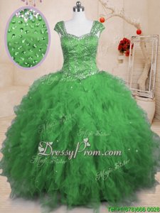 Fashion Floor Length Spring Green Vestidos de Quinceanera Square Cap Sleeves Lace Up