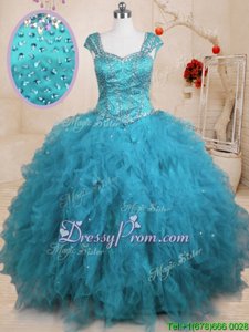 Fashionable Floor Length Lace Up 15 Quinceanera Dress Baby Blue and In forMilitary Ball and Sweet 16 and Quinceanera withBeading and Ruffles
