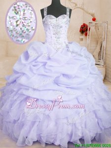 Free and Easy Lavender Sleeveless Floor Length Beading and Ruffles and Pick Ups Zipper 15th Birthday Dress