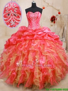 Gorgeous Floor Length Lace Up Quince Ball Gowns Red and In forMilitary Ball and Sweet 16 and Quinceanera withBeading and Ruffles