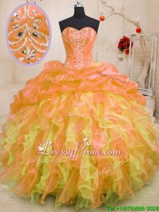 Modern Orange Ball Gowns Organza Sweetheart Sleeveless Beading and Ruffles Floor Length Lace Up Sweet 16 Dress