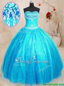 Glittering Sweetheart Sleeveless Tulle and Sequined Vestidos de Quinceanera Beading and Appliques Lace Up