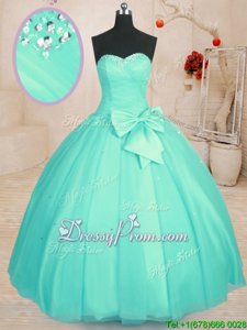 Discount Tulle Sweetheart Sleeveless Lace Up Beading and Bowknot Quinceanera Gown inAqua Blue