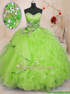 Traditional Beading and Ruffles Quinceanera Dress Yellow Green Lace Up Sleeveless Floor Length