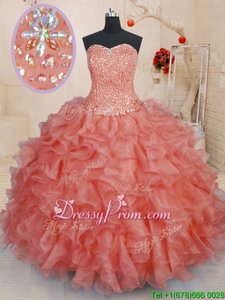 Fashion Sweetheart Sleeveless Quinceanera Dress Floor Length Beading and Ruffles Watermelon Red Organza