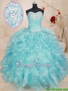 Top Selling Blue Ball Gowns Beading and Ruffles Quinceanera Dresses Lace Up Organza Sleeveless Floor Length
