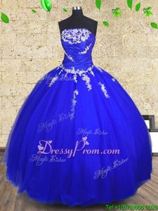 Royal Blue Lace Up Strapless Appliques and Ruching Sweet 16 Dresses Tulle Sleeveless