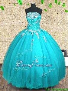 Dynamic Floor Length Aqua Blue Quince Ball Gowns Tulle Sleeveless Spring and Summer and Fall and Winter Appliques and Ruching
