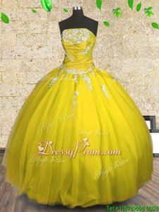 Fashionable Yellow Ball Gowns Strapless Sleeveless Tulle Floor Length Lace Up Appliques and Ruching 15 Quinceanera Dress