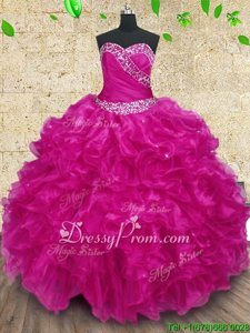 Artistic Fuchsia Ball Gowns Organza Sweetheart Sleeveless Beading and Ruffles and Ruching Floor Length Lace Up 15th Birthday Dress