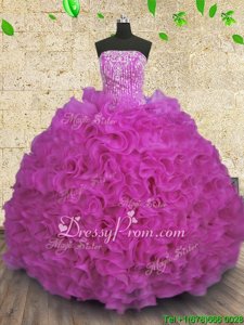 Graceful Fuchsia Strapless Lace Up Beading and Ruffles Quince Ball Gowns Sleeveless