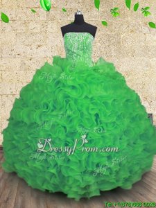 Green Strapless Lace Up Beading and Ruffles Quinceanera Gowns Sleeveless