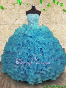 Eye-catching Aqua Blue Organza Lace Up Strapless Sleeveless Floor Length Quinceanera Gown Beading and Ruffles