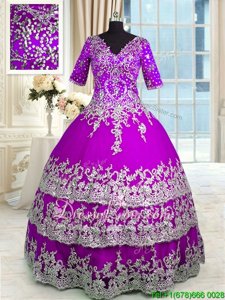 Fancy Purple Zipper V-neck Appliques and Ruffled Layers Quinceanera Gowns Satin and Tulle Half Sleeves