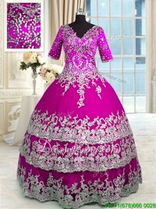 Flare Half Sleeves Beading and Appliques and Ruffled Layers Zipper Sweet 16 Quinceanera Dress with Fuchsia