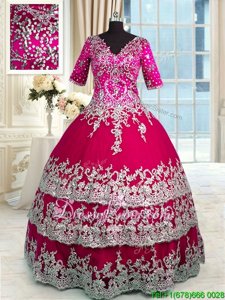Fashion V-neck Half Sleeves Satin and Tulle Quinceanera Gown Beading and Appliques and Ruffled Layers Zipper