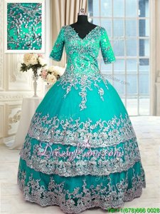 Beautiful Turquoise Zipper Ball Gown Prom Dress Beading and Lace and Appliques and Ruffled Layers Half Sleeves Floor Length