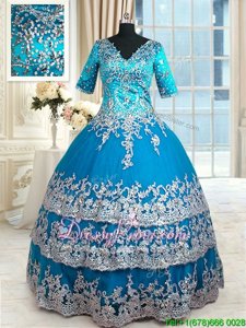 Captivating Spring and Summer and Fall and Winter Tulle Half Sleeves Floor Length Quinceanera Dresses andBeading and Lace and Appliques and Ruffled Layers