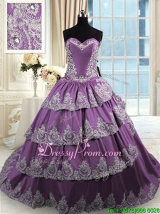 Clearance Purple Ball Gowns Taffeta Sweetheart Sleeveless Beading and Appliques and Ruffled Layers With Train Lace Up Quinceanera Gowns