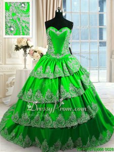 Spring Green Ball Gowns Beading and Appliques and Ruffled Layers Quince Ball Gowns Lace Up Taffeta Sleeveless With Train