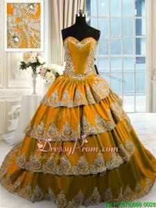 Fantastic Gold Sleeveless With Train Beading and Appliques and Ruffled Layers Lace Up Sweet 16 Quinceanera Dress