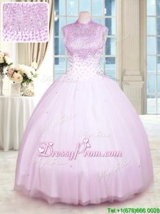 Cute Lilac High-neck Zipper Beading Sweet 16 Dress Sleeveless