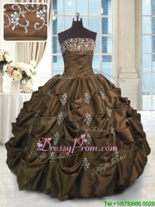 Suitable Sleeveless Floor Length Beading and Appliques and Embroidery and Pick Ups Lace Up Quince Ball Gowns with Chocolate
