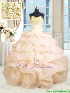 Artistic Champagne Ball Gowns Beading and Ruffles Quince Ball Gowns Lace Up Organza Sleeveless Floor Length