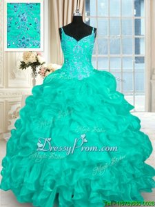 Turquoise 15th Birthday Dress Organza Brush Train Sleeveless Spring and Summer and Fall and Winter Beading and Ruffles
