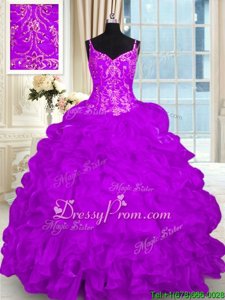 Modest Sleeveless Organza Brush Train Lace Up Quinceanera Dress inPurple forSpring and Summer and Fall and Winter withBeading and Embroidery and Ruffles