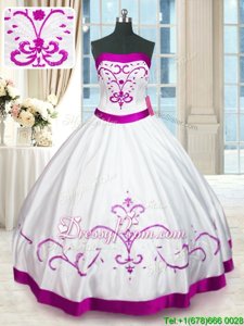 Cheap White Lace Up Strapless Beading and Embroidery and Belt Ball Gown Prom Dress Satin Sleeveless