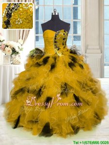 Hot Sale Floor Length Gold Sweet 16 Dresses Tulle Sleeveless Spring and Summer and Fall and Winter Beading and Ruffles