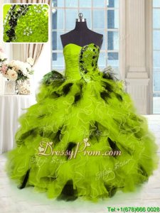 Excellent Strapless Sleeveless Tulle Quinceanera Dresses Beading and Ruffles Lace Up