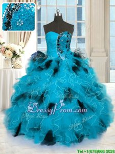 Enchanting Blue And Black Lace Up Sweet 16 Dress Beading and Ruffles Sleeveless Floor Length