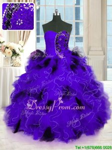 Delicate Beading and Ruffles Quinceanera Dress Black And Purple Lace Up Sleeveless Floor Length
