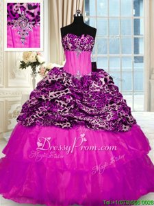 Stylish Fuchsia Organza and Printed Lace Up Quinceanera Dress Sleeveless Sweep Train Beading and Ruffled Layers and Sequins
