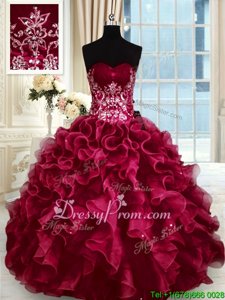 Sexy Sleeveless Floor Length Beading and Appliques and Ruffles Lace Up 15 Quinceanera Dress with Wine Red