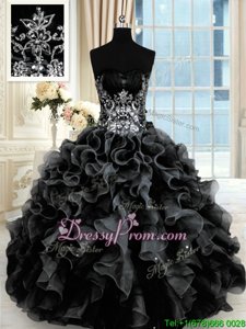 Wonderful Sweetheart Sleeveless Quinceanera Gown Floor Length Beading and Ruffles Black Organza