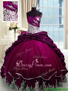 Glamorous Fuchsia Quinceanera Dresses Taffeta Brush Train Sleeveless Spring and Summer and Fall and Winter Beading and Appliques and Pick Ups
