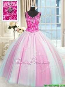 Edgy Ball Gowns Sweet 16 Dress Baby Pink and Pink And White V-neck Tulle Sleeveless Floor Length Lace Up