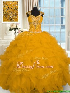Fashion Gold Ball Gowns Beading and Ruffles Sweet 16 Dress Lace Up Organza Cap Sleeves Floor Length