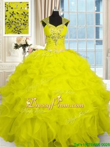 Discount Yellow Lace Up Straps Beading and Ruffles Quinceanera Gowns Organza Cap Sleeves