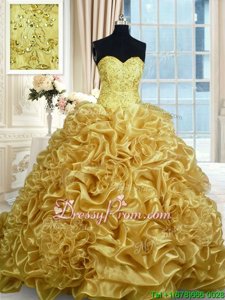 Superior Beading and Pick Ups 15 Quinceanera Dress Gold Lace Up Sleeveless With Train Sweep Train