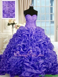 Glorious Purple Sleeveless Sweep Train Beading and Pick Ups Ball Gown Prom Dress