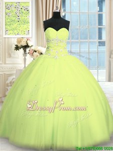 Colorful Yellow Green Sweetheart Neckline Appliques Quinceanera Gowns Sleeveless Lace Up