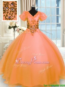 Decent Orange Short Sleeves Floor Length Appliques Lace Up Quinceanera Gown
